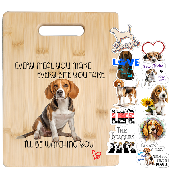 Beagle Cutting Board and Ten Large Digitally Printed Beagle Stickers, Beagle Gift for Beagle Lovers,