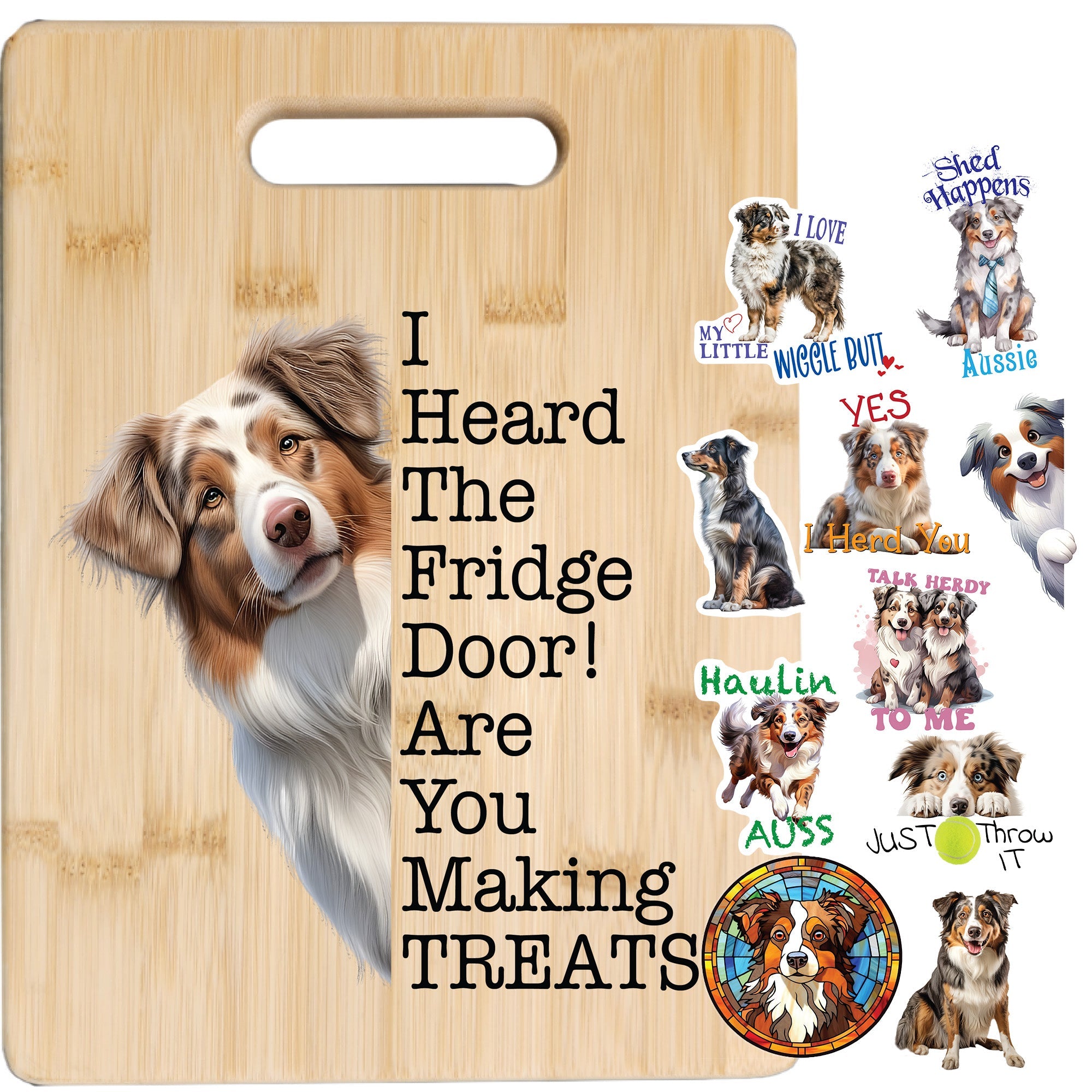 Australian Shepherd Cutting Board and Ten Large Digitally Printed Australian Shepherd Stickers, Australian Shepherd Gift for Australian Shepherd Lovers