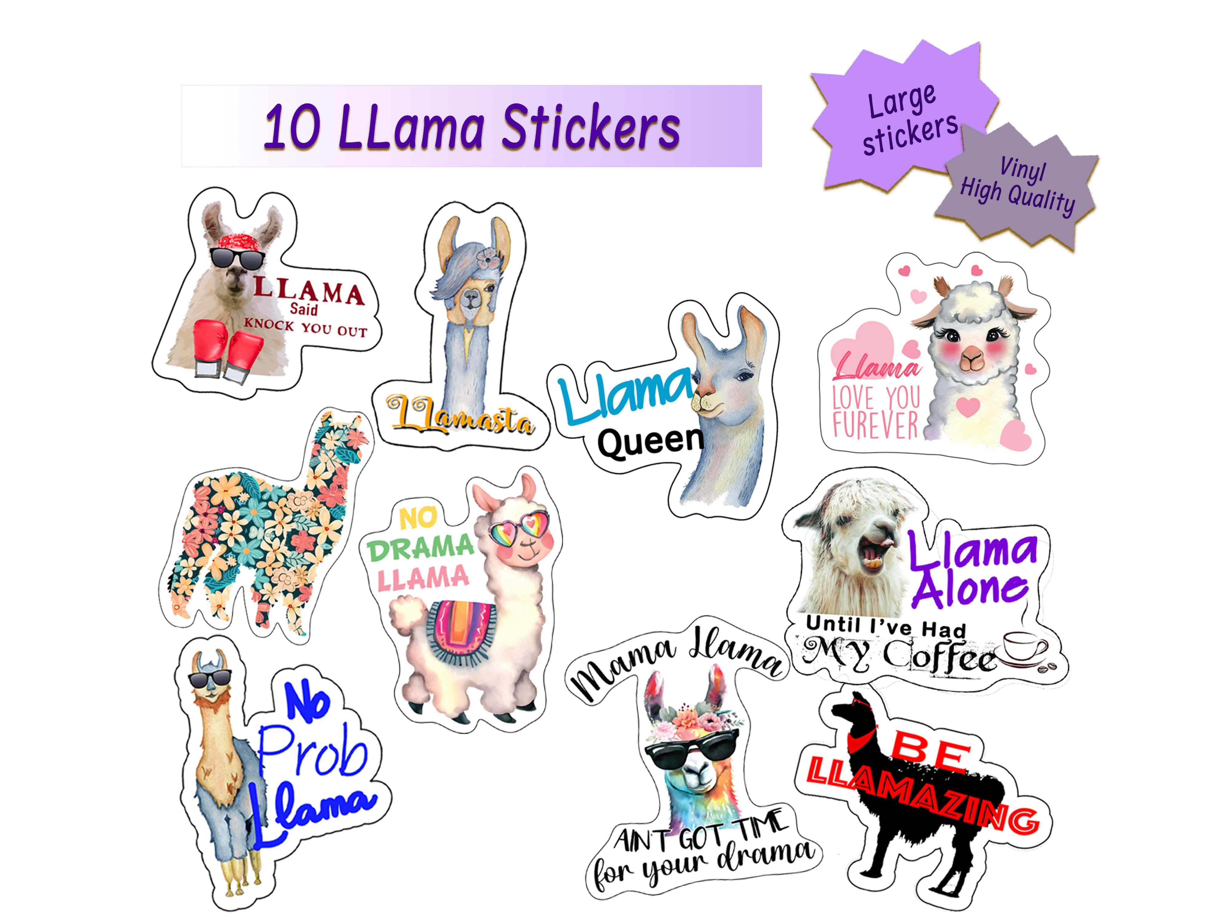 Llama Stickers, Ten Vinyl Stickers Supporting Llama, Great Llama Gift, Decorative Stickers