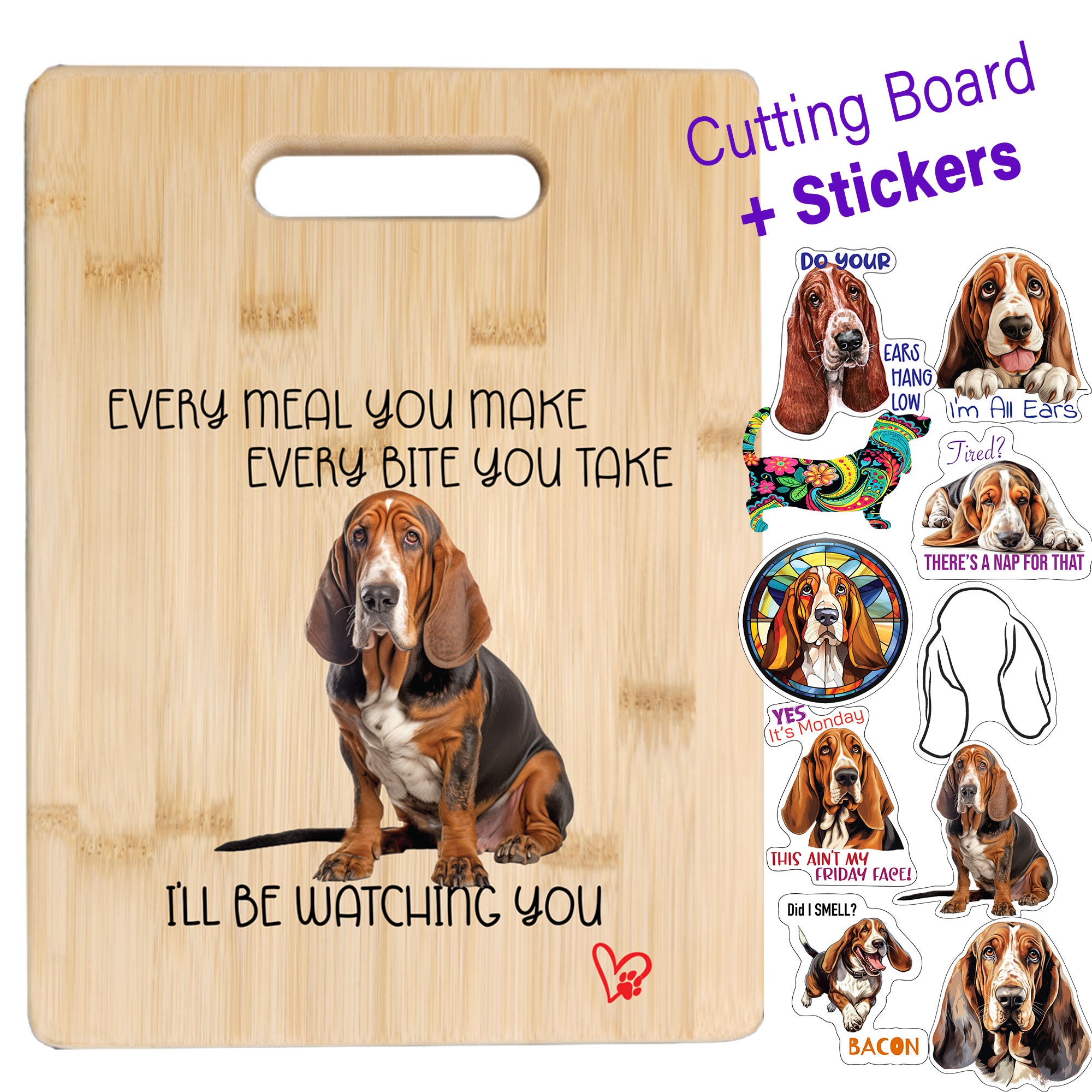 Basset Hound Cutting Board and Ten Large Digitally Printed Basset Hound Stickers, Basset Hound Gift for Basset Hound Lovers