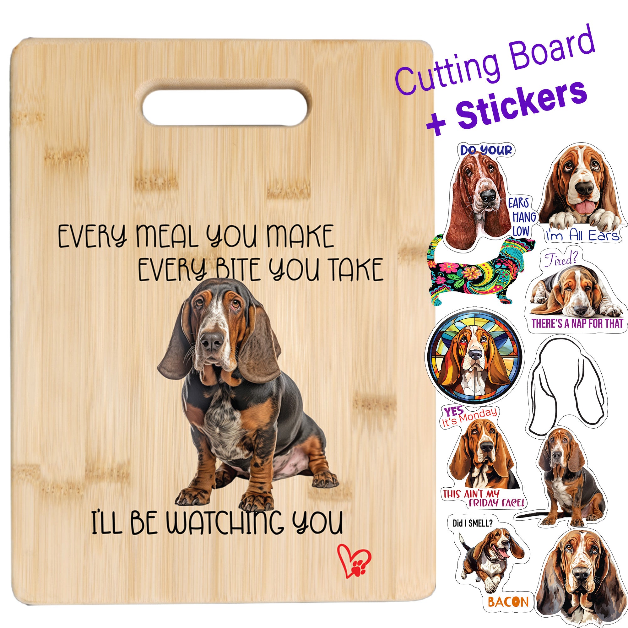 Basset Hound Cutting Board and Ten Large Digitally Printed Basset Hound Stickers, Basset Hound Gift for Basset Hound Lovers