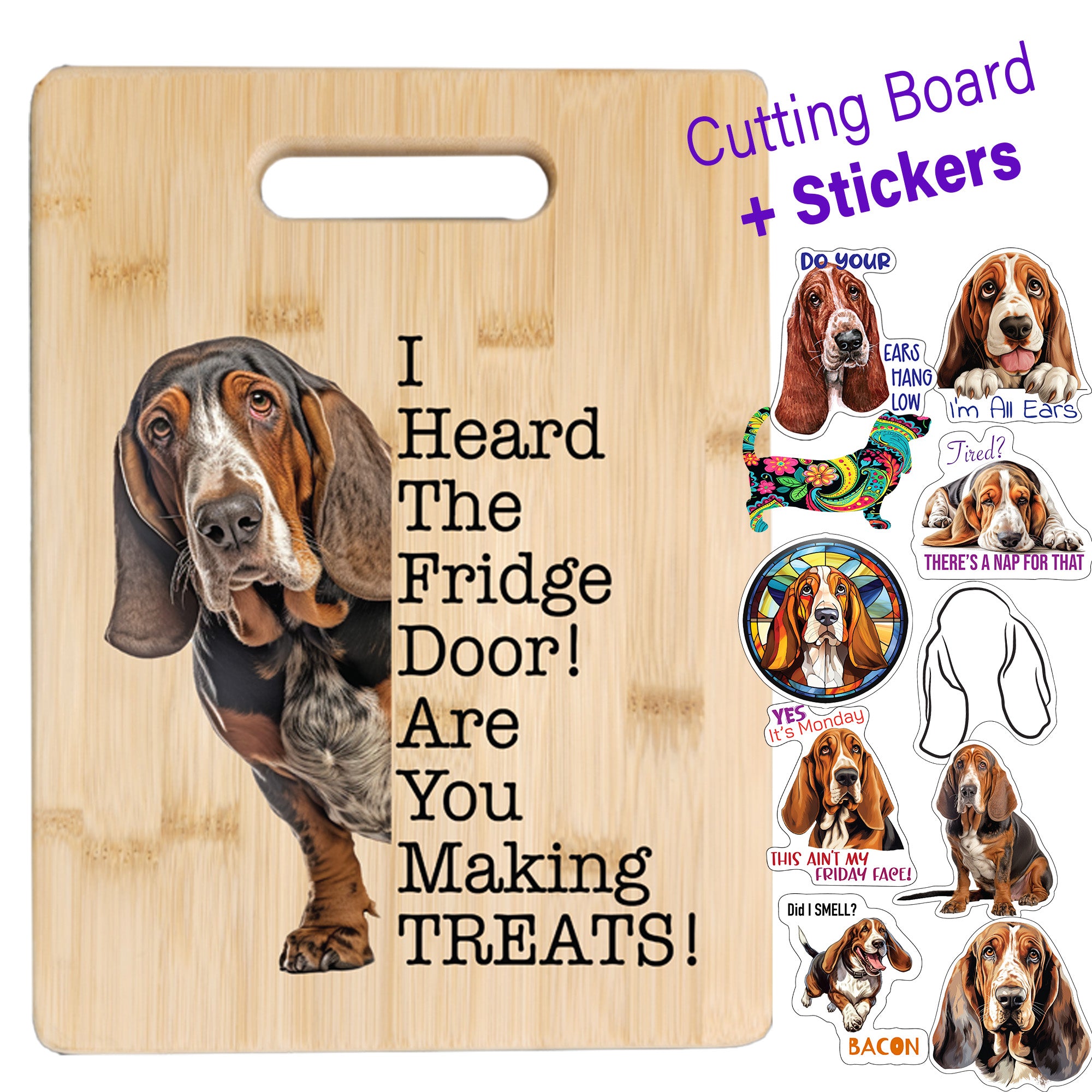 Basset Hound Cutting Board and Ten Large Digitally Printed Basset Hound Stickers, Basset Hound Gift for Basset Hound Lovers