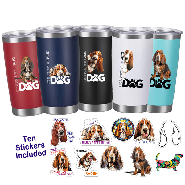 Basset Hound Tumbler and Ten Large Digitally Printed Basset Hound Stickers, Basset Hound Gift for Basset Hound Lovers