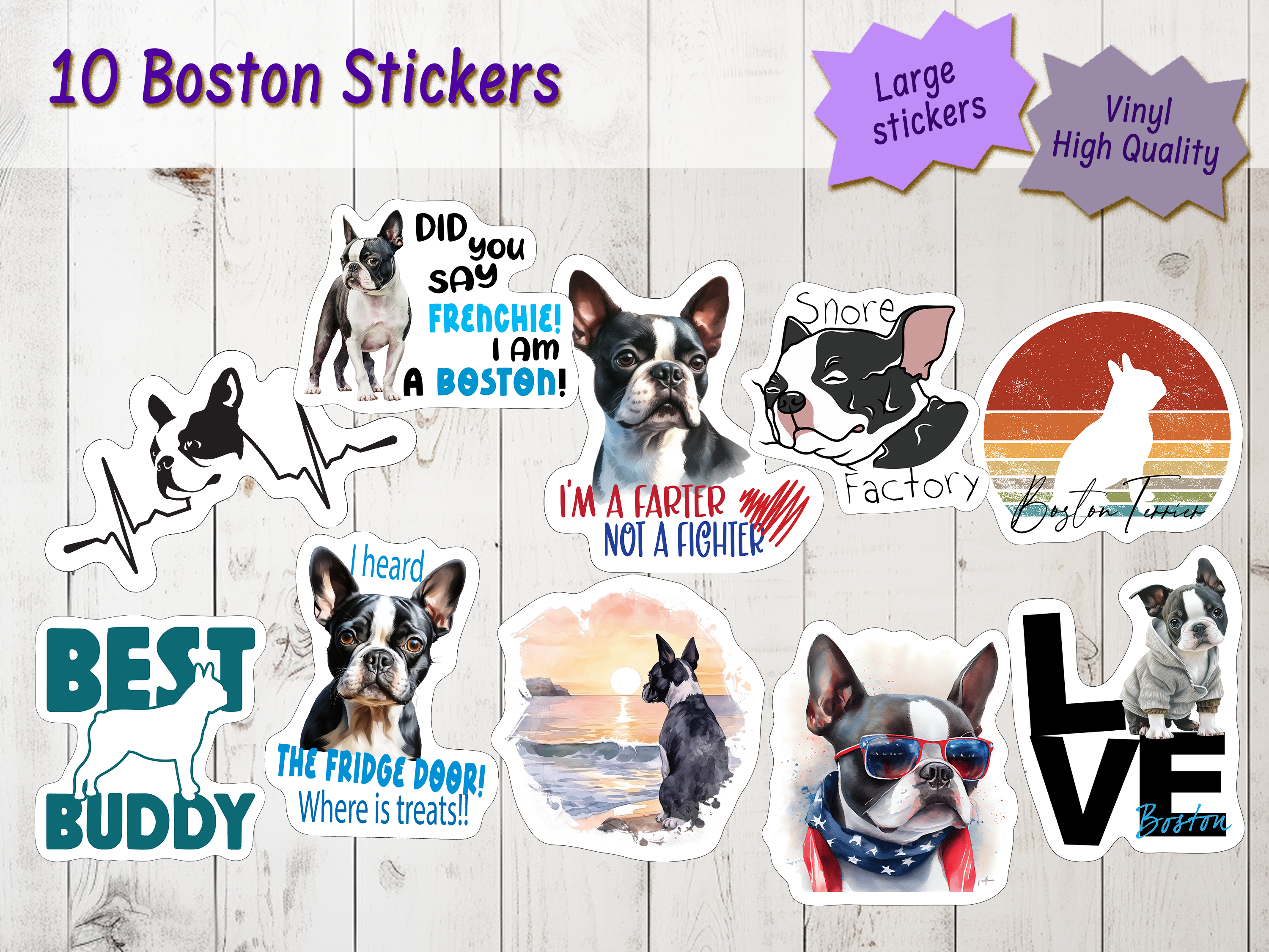 Boston Terrier Cutting Board and Ten Large Digitally Printed Boston Terrier Stickers, Boston Terrier Gift for Boston Terrier Lovers