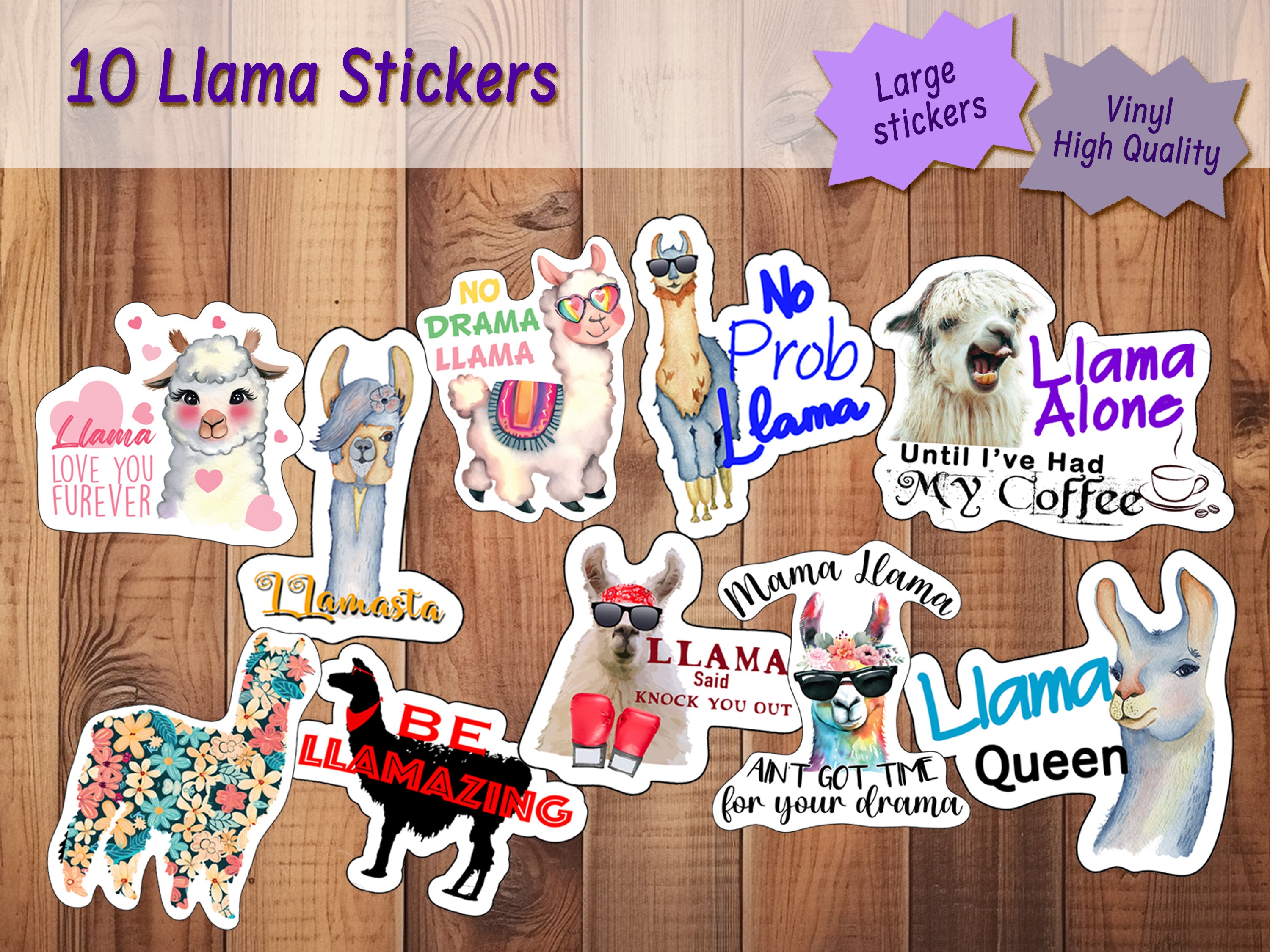 Llama Stickers, Ten Vinyl Stickers Supporting Llama, Great Llama Gift, Decorative Stickers