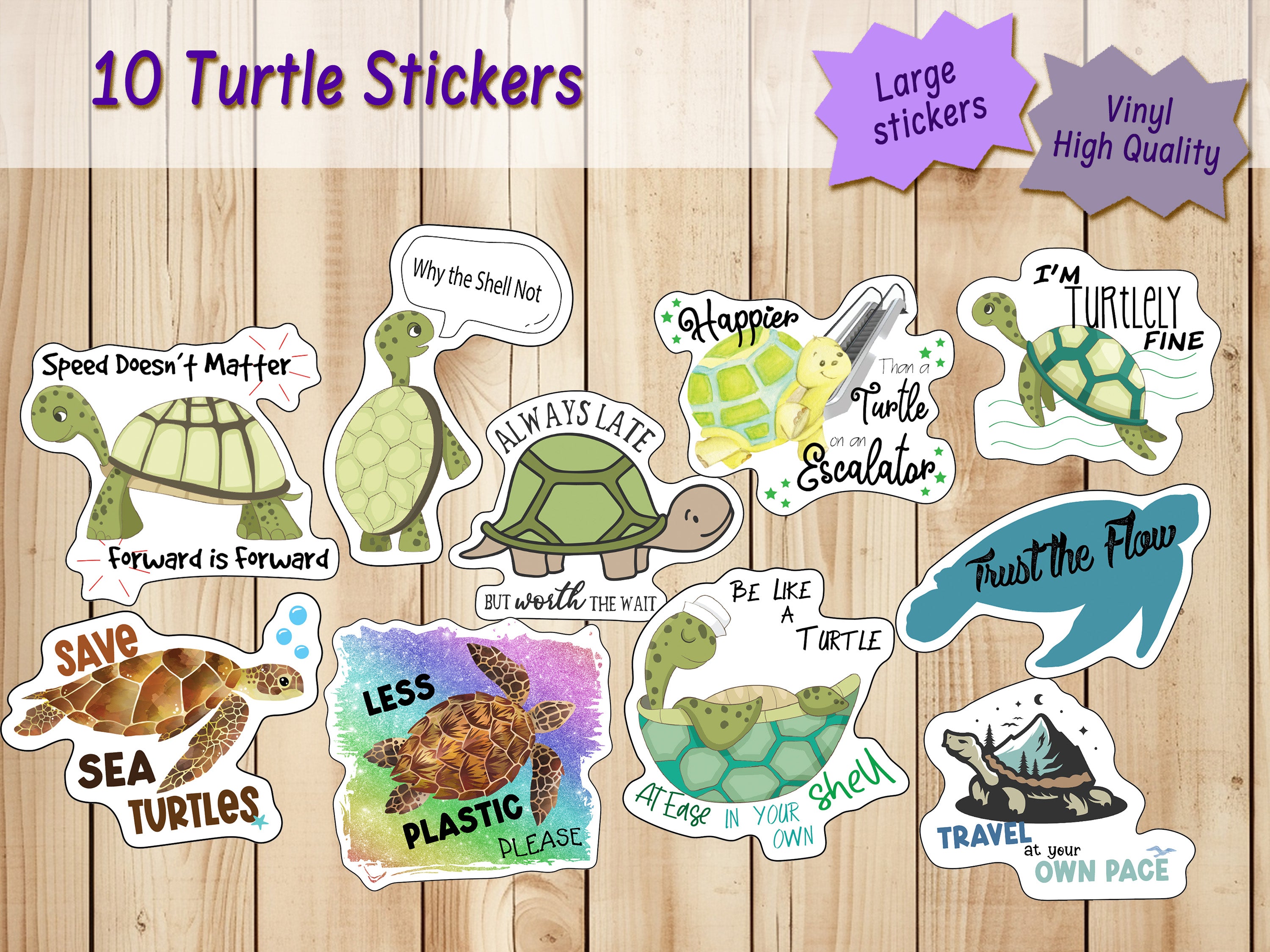 Turtle Stickers, Ten Vinyl Stickers Supporting Turtle, Great Turtle Gift, Decorative Stickers