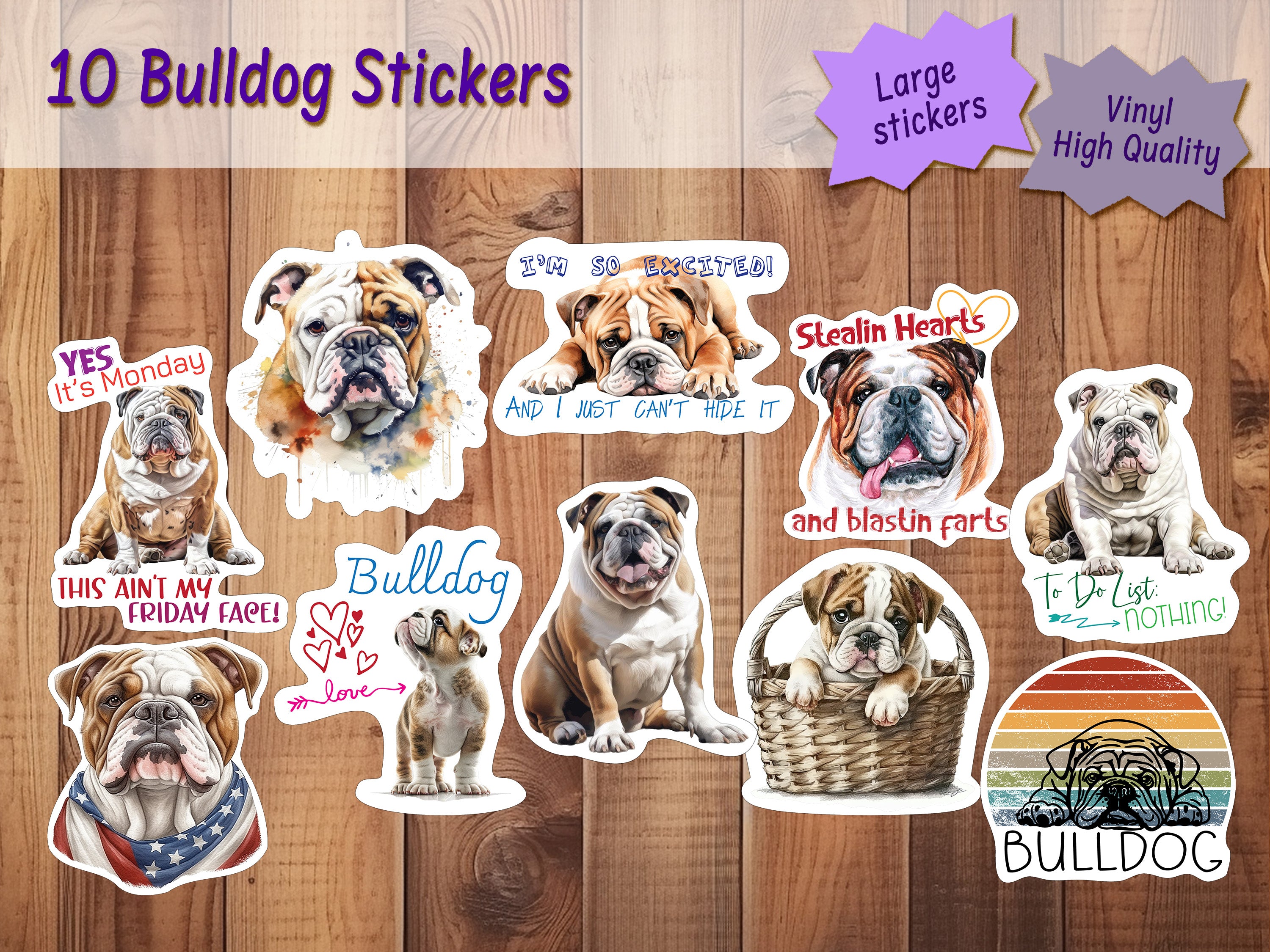 Bulldog Cutting Board and Ten Large Digitally Printed Bulldog Stickers,  Bulldog  Gift for  Bulldog  Lovers