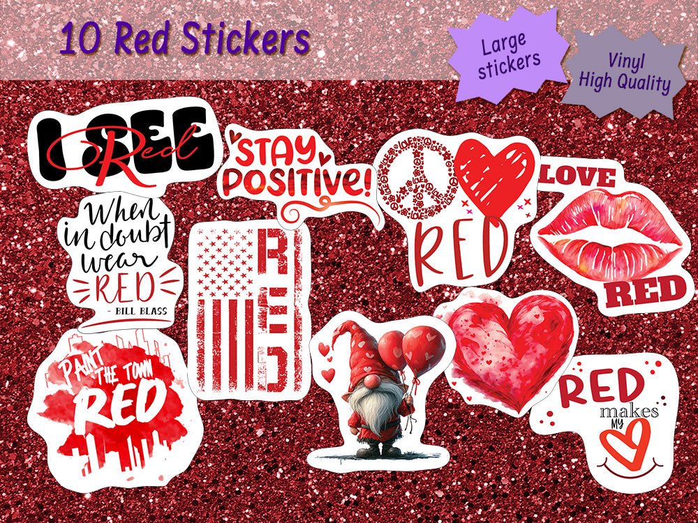 Red Stickers, Ten Vinyl Stickers Supporting Red, Great Red Gift, Decorative Stickers