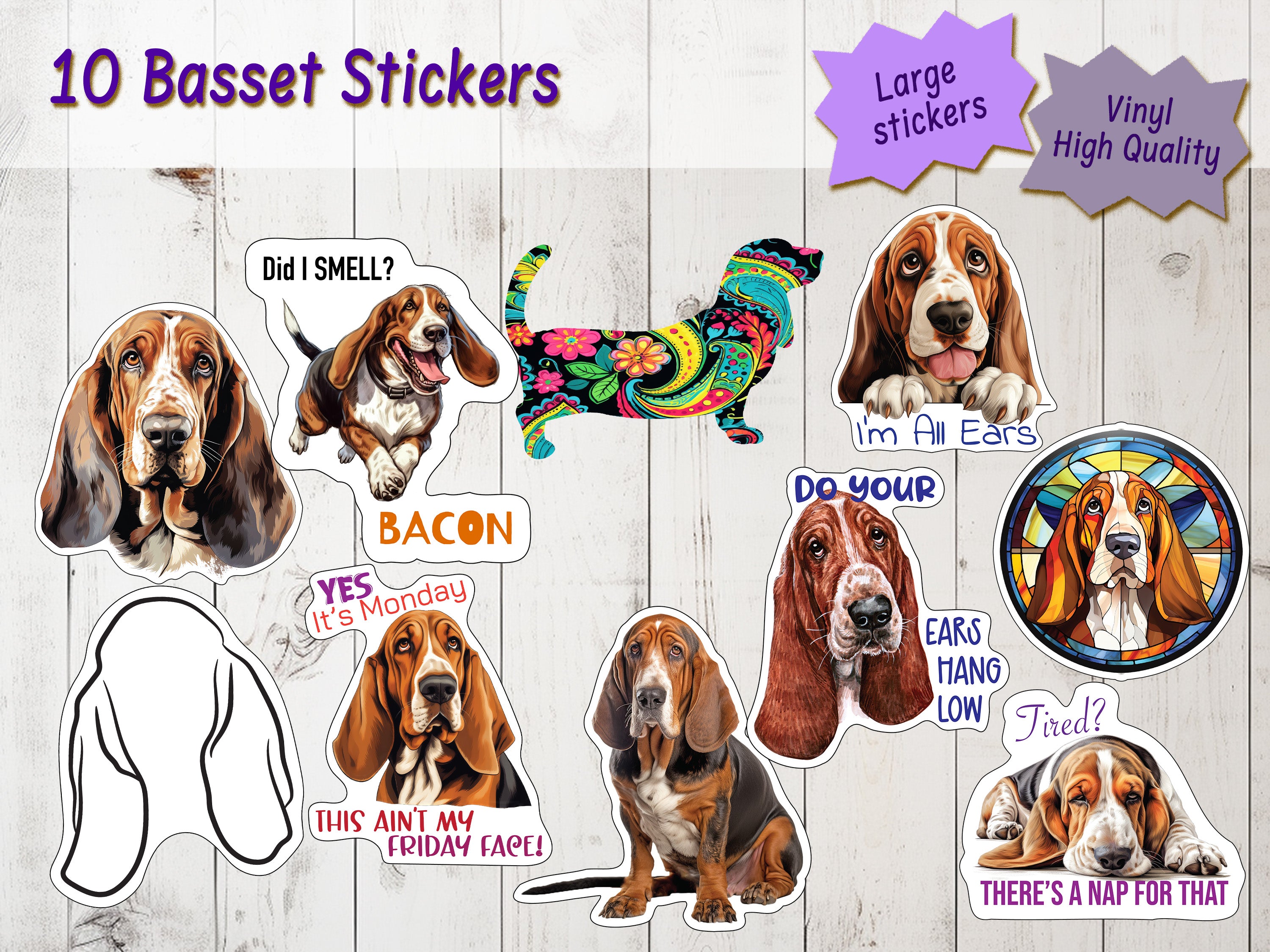 Basset Hound Cutting Board and Ten Large Digitally Printed Basset Hound Stickers, Basset Hound Gift for Basset Hound Lovers